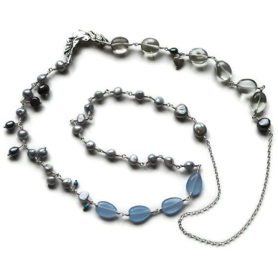 Rustic Pearl and Gem Necklace, Silver Winged Heart, Asymmetrical Mixed Gemstones Green Amethyst, Blue Chalcedony