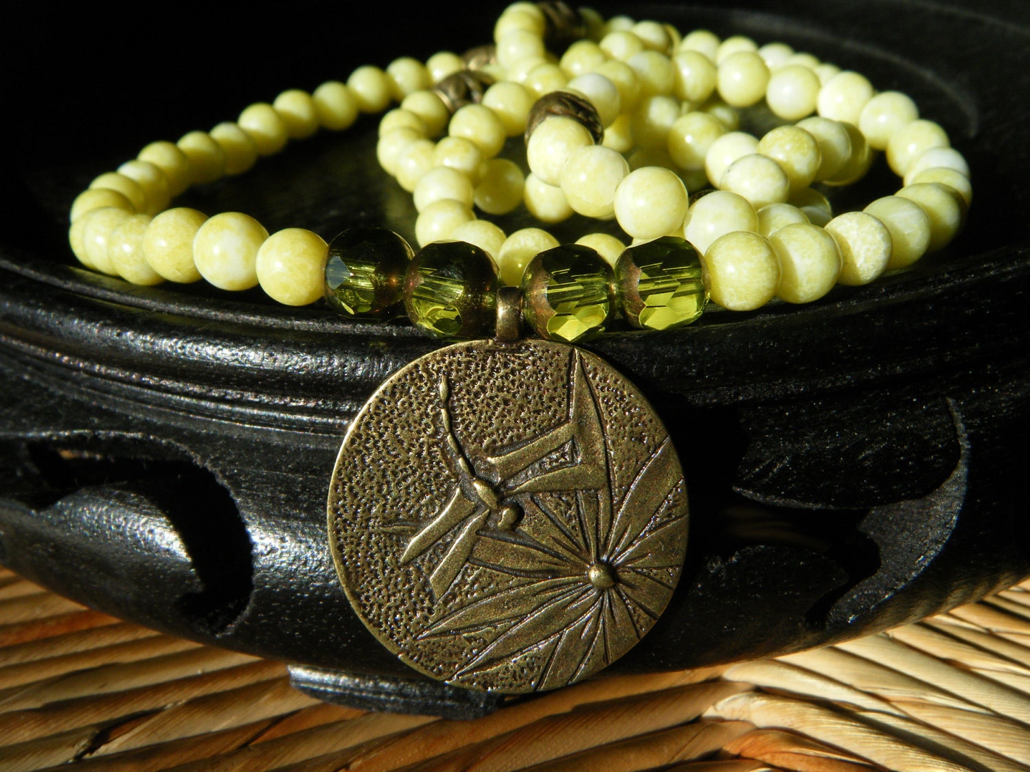 Tranquil & Serene- inspirational crystal gemstone 108 bead mala necklace-boho yoga zen dragonfly prayer beads