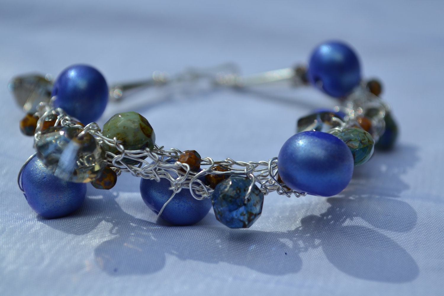 Blue lamp work Glass and Czech Glass beaded Hand knitted Fine Silver Wire YUM YUM Bracelet