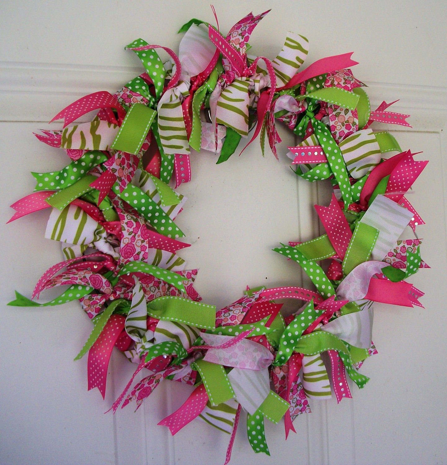Pink and Green Polka Dot Ribbon Wreath