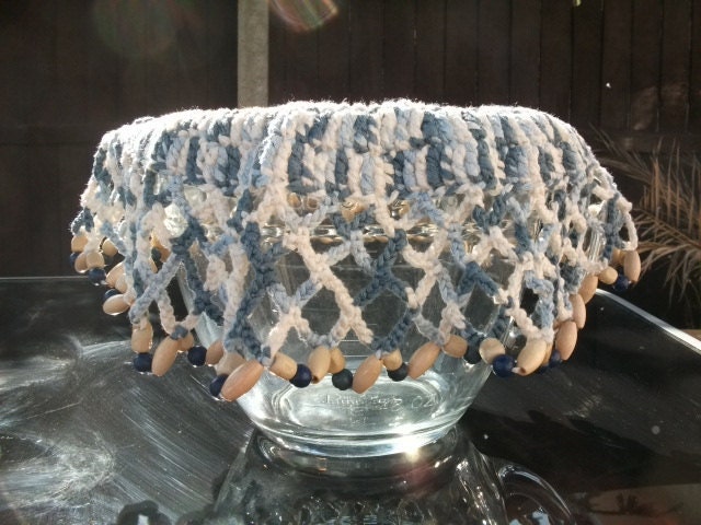 Beaded Crochet Jug/Bowl Cover in Blue & White Bamboo. Dining Accessories, Spring, Summer, Outdoors, Picnics.