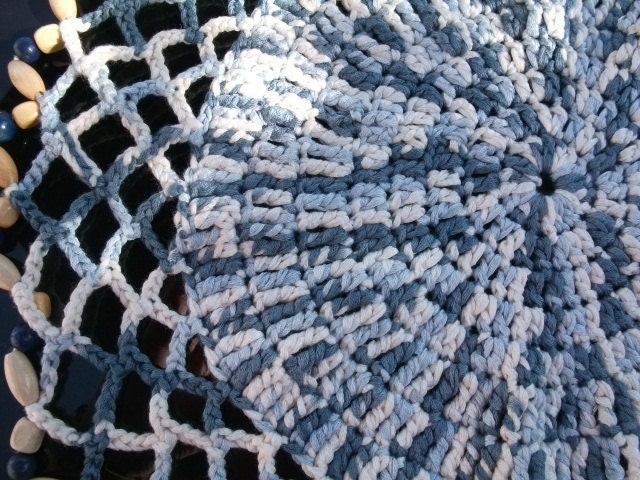 Beaded Crochet Jug/Bowl Cover in Blue & White Bamboo. Dining Accessories, Spring, Summer, Outdoors, Picnics.