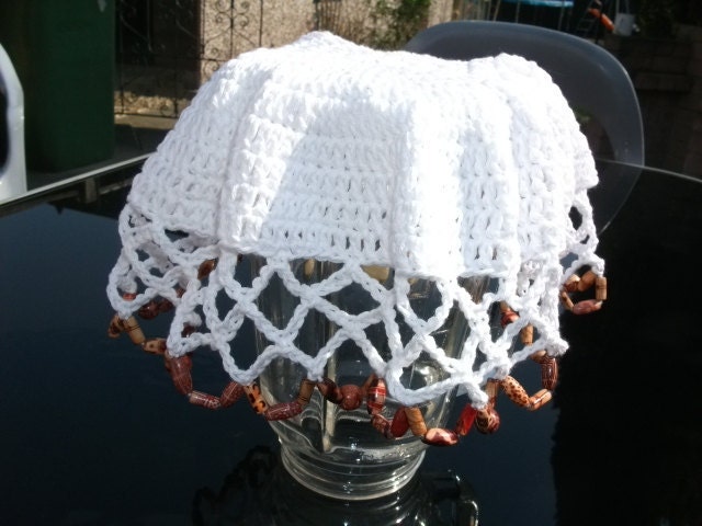 SALE Crochet Beaded Jug/Bowl Cover in White Cotton. Picnics, Dining, Outdoor Living, Alfresco, Spring, Summer