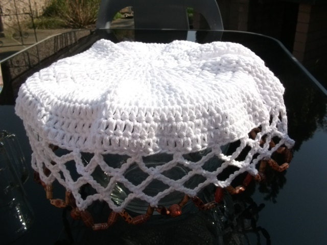 SALE Crochet Beaded Jug/Bowl Cover in White Cotton. Picnics, Dining, Outdoor Living, Alfresco, Spring, Summer