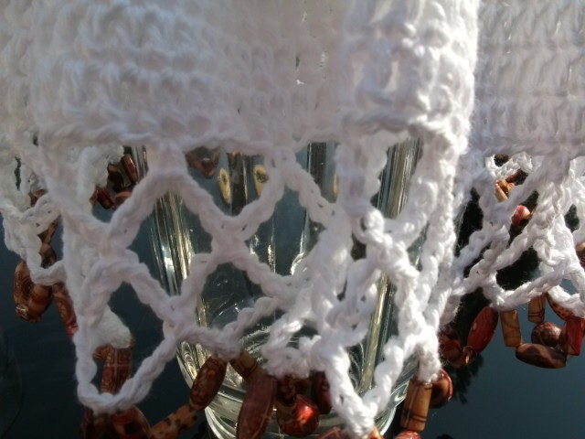 SALE Crochet Beaded Jug/Bowl Cover in White Cotton. Picnics, Dining, Outdoor Living, Alfresco, Spring, Summer
