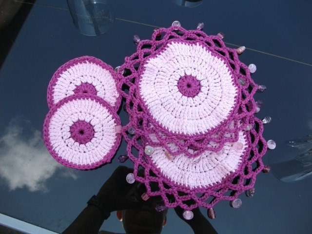 Beaded Glass Covers and Coaster Sets in Pink & Dk Pink. Eco Friendly, Spring, Summer, Picnics, Alfresco, Outdoor Dining.