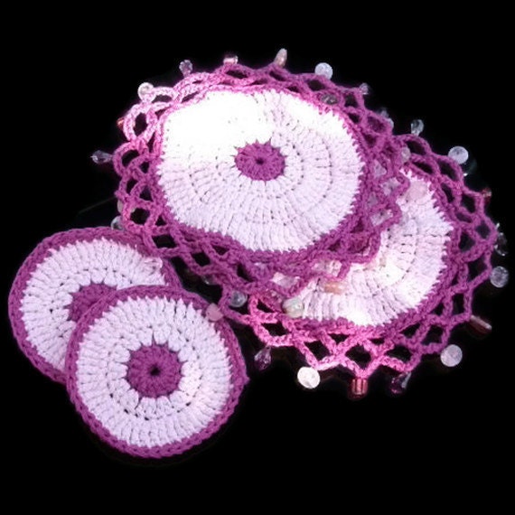 Beaded Glass Covers and Coaster Sets in Pink & Dk Pink. Eco Friendly, Spring, Summer, Picnics, Alfresco, Outdoor Dining.