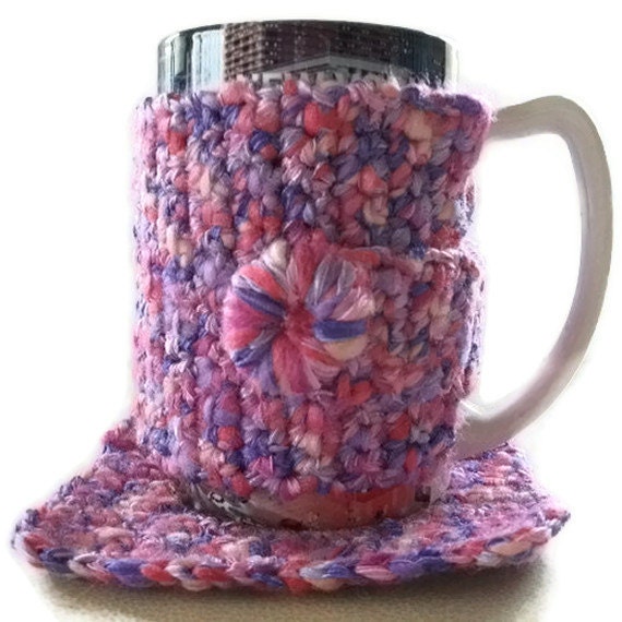 Mug Cosy & Coaster Set. Large. Pinks and Purples