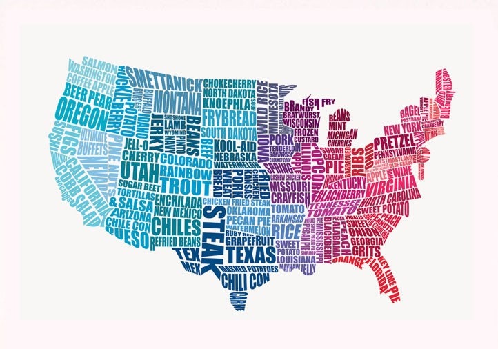 American Gastronomy map red and blue // typographical print