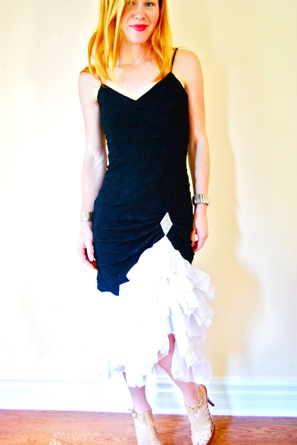 Vintage 80s Black and White Glam Rhinestone Ruffle Party Cha-Cha Dress Small S