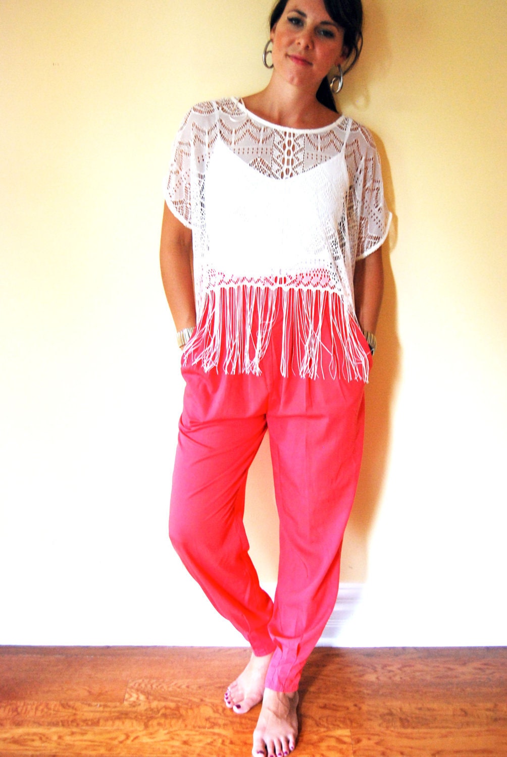 Vintage 70s 80s High-waisted Coral Harem Pant S Small