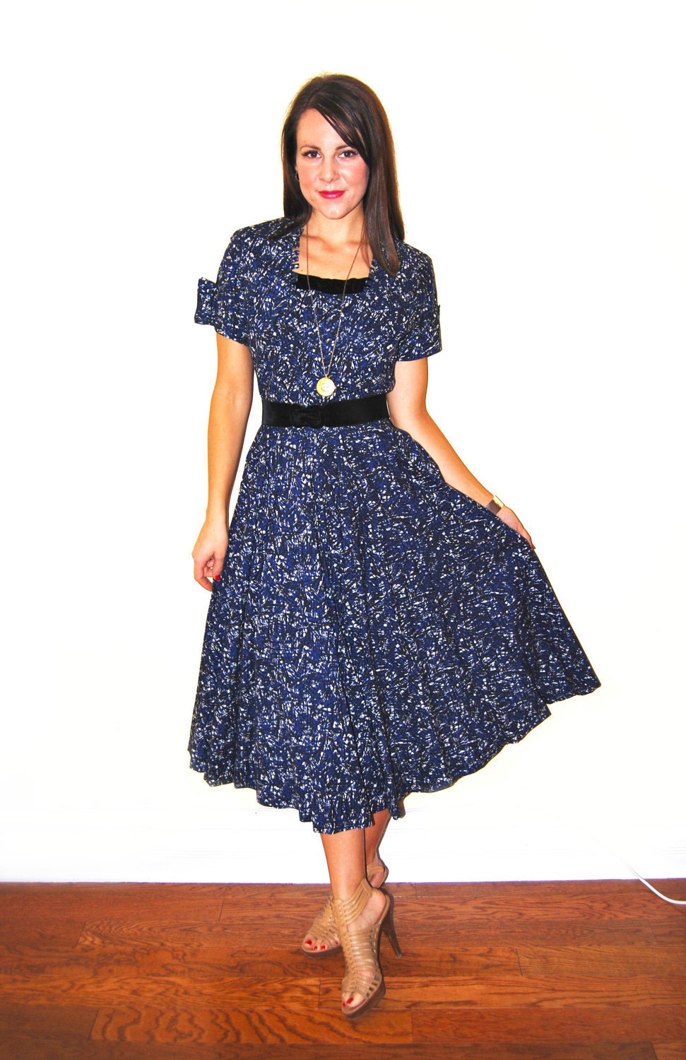 Vintage 50s Black and Blue Abstract Full Skirt Day Dress Small S