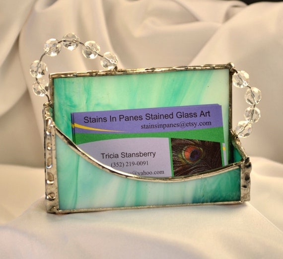 Teal Stained Glass Business Card Holder with Clear Beveled Beads