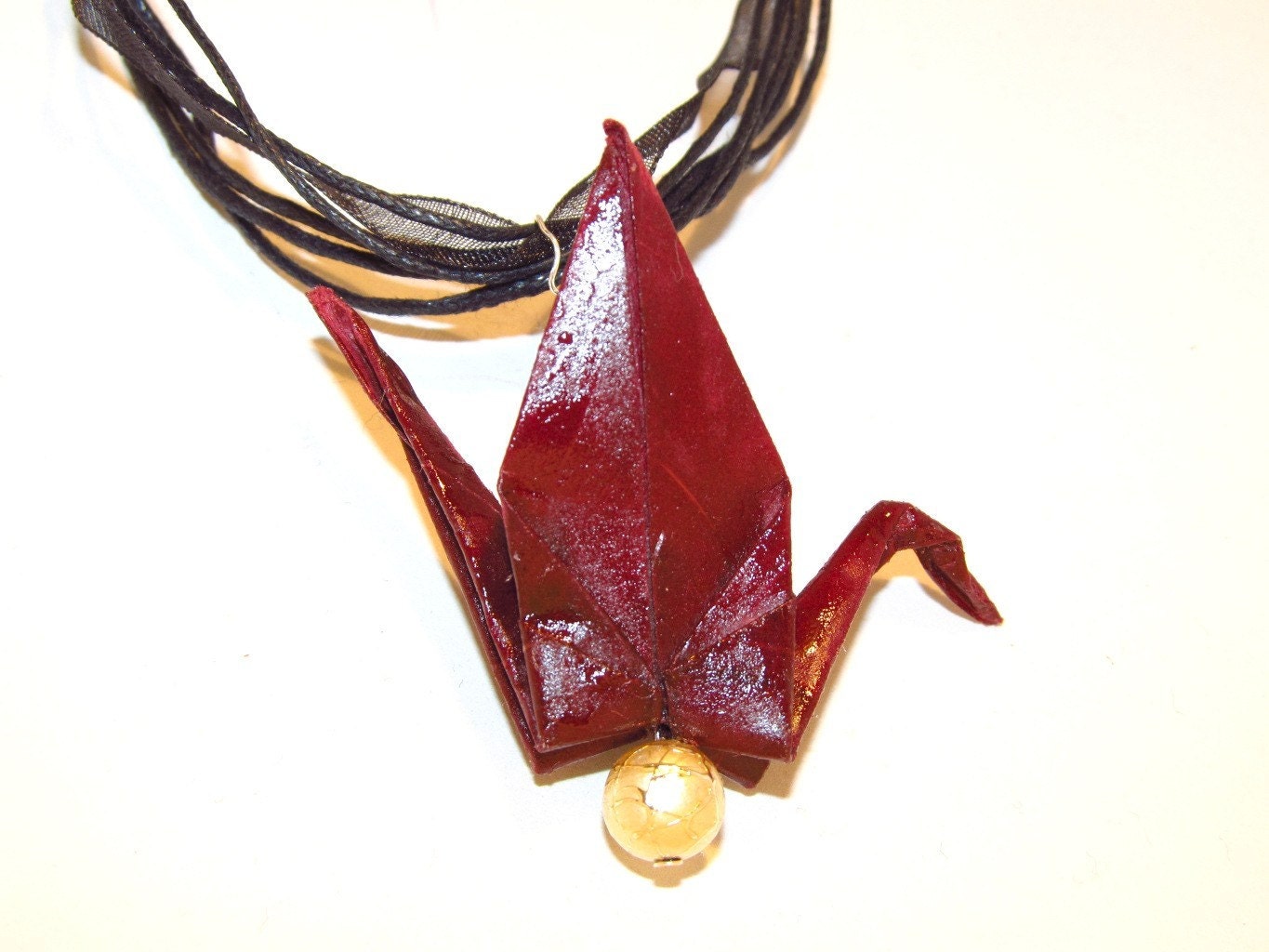 Origami Paper Crane Necklace - Red with Gold Foil Beads