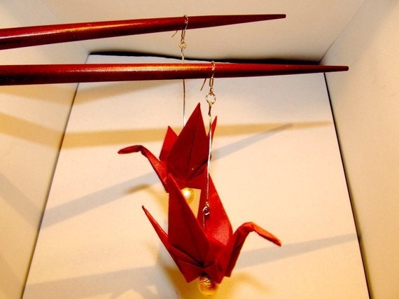 Origami Paper Crane Necklace - Red with Gold Foil Beads