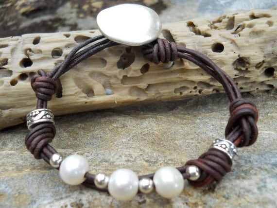Sterling Silver & Freshwater Pearl Rustic Jewelry Antiqued Brown Leather Bracelet.