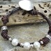 Sterling Silver & Freshwater Pearl Rustic Jewelry Antiqued Brown Leather Bracelet.