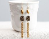 Unique Black Gold Long Earrings Floral Bead Diamond Etched Drops Twisted Bead Brass Stick Earrings - E139