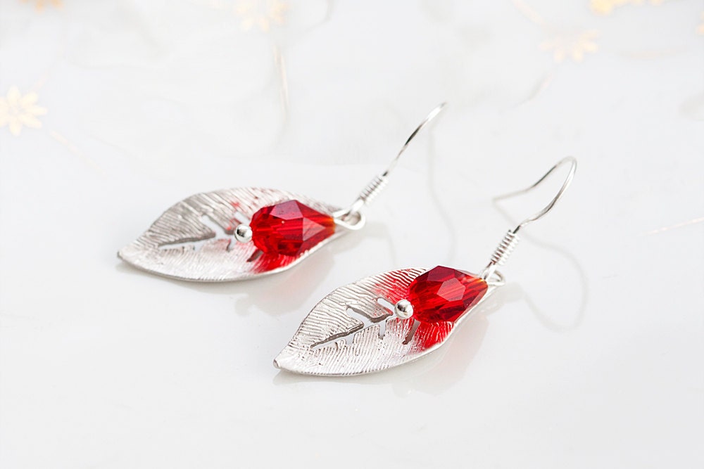Ruby Drop Leaf Earrings Simple Leaf Red Teardrop Sterling Silver Earrings Leaf Dangle Earrings Leaf Jewelry - E166