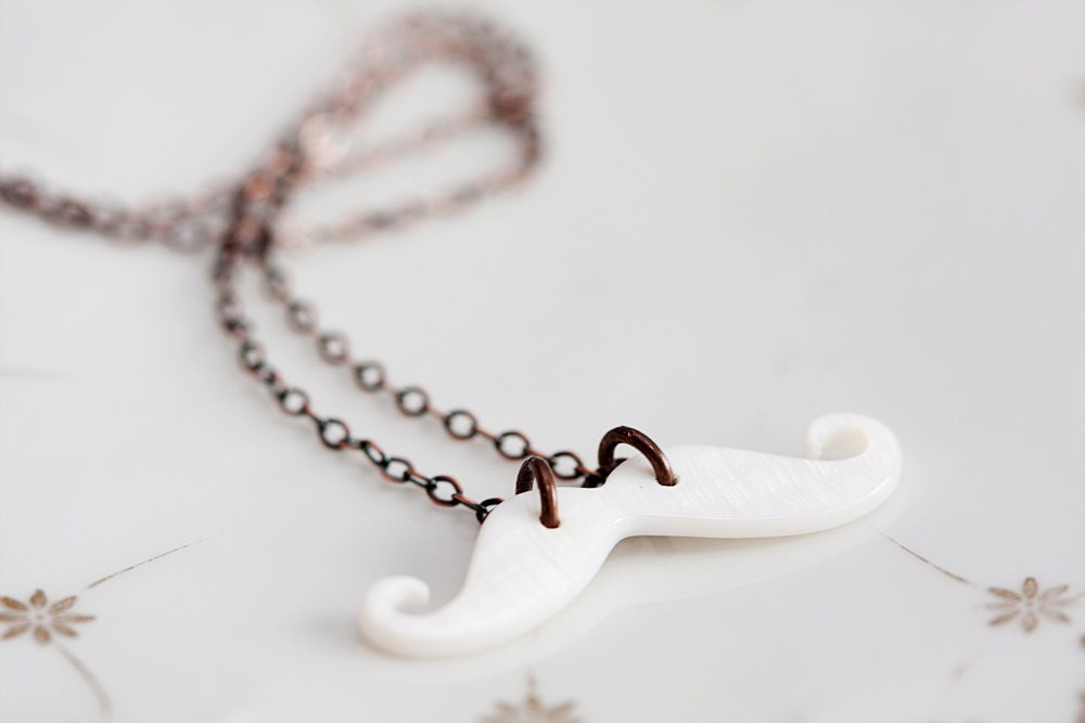 Movember White Mustache Necklace Halloween Jewelry Natural Shell Mustache Antiqued Copper Chain - N139