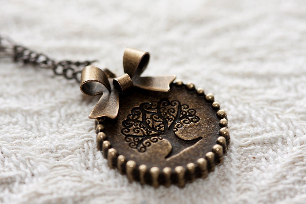Tree of Life Necklace Life Tree Pendant Antiqued Little Bow - N040