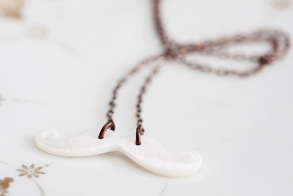 Movember White Mustache Necklace Halloween Jewelry Natural Shell Mustache Antiqued Copper Chain - N139