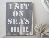 One Of A Kind Seaside Subway Sign 'Sea's Hem'  11 x 14 Original Painting Grey And White Acrylic On Canvas Industrial Rustic Beach Home Decor