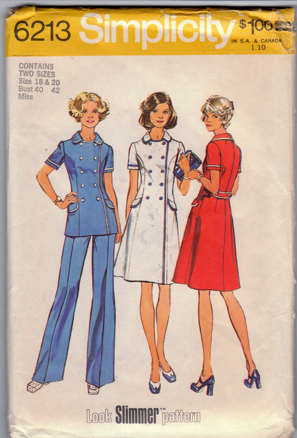 Vintage 1974 Simplicity 6213 Misses' Dress, top and pants pattern - Size 18 and 20