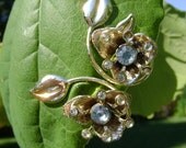Vintage Clip Earrings Gold Flowers with blue rhinestone centers