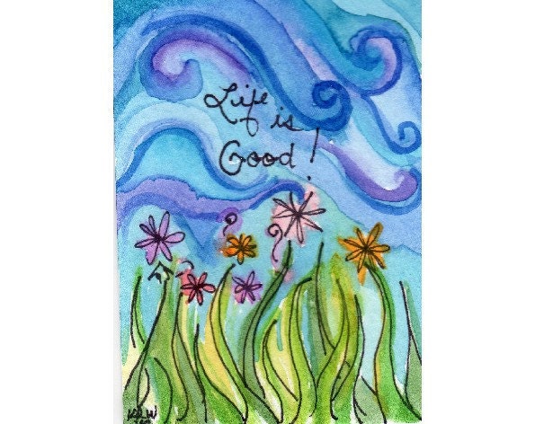 ACEO - Matted Original Watercolor Collectible - Blue Sky Flowers Green Grass