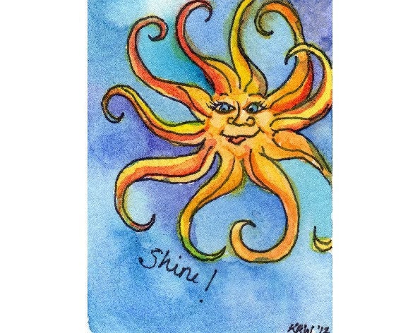 ACEO Matted - Inspirational Original Watercolor  Collectible - Golden Sun Blue Purple Sky