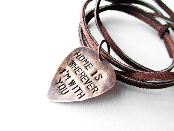 Guitar Pick Necklace with song lyrics - Edward Sharpe and The Magnetic Zeros - Home is Wherever I'm with you - Mens Gift
