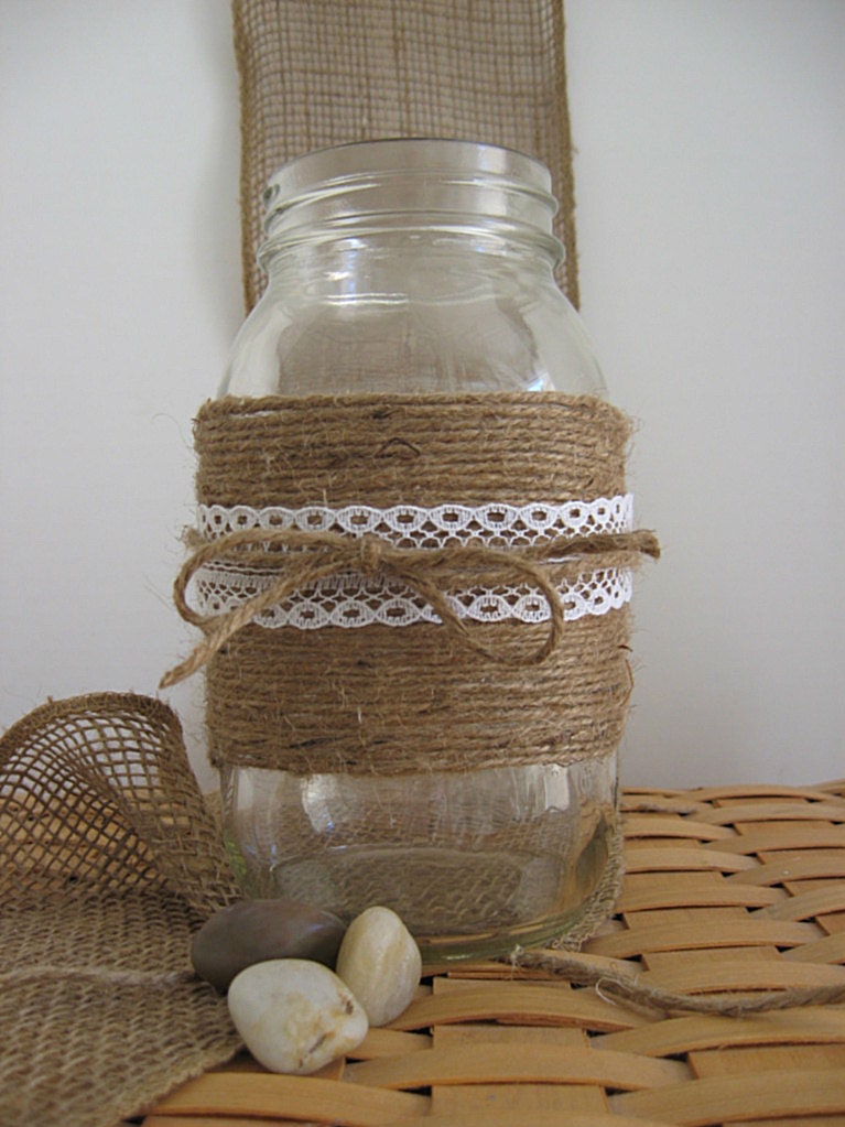 BURLAP LACE MASON Jars Summer Wedding Spring Wedding Decor Cottage Decor Bride Groom Rustic Farm House Shabby chic ocean Glass Decoration