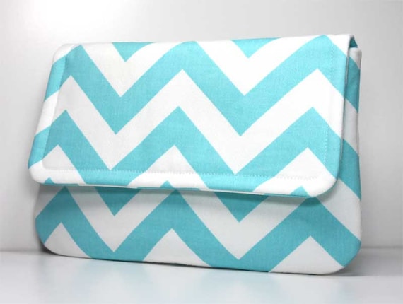 Clutch Purse - Aqua Blue and White Chevron - Ready to Ship
