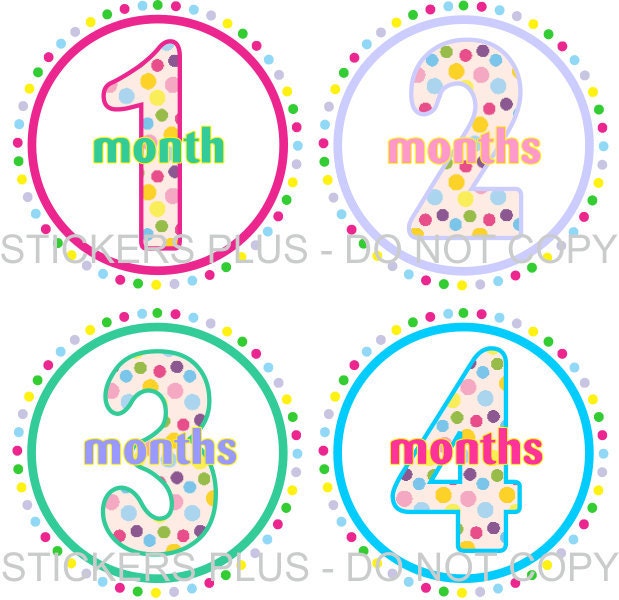 Monthly Onesie Baby Stickers Girl Circles of Dots Multi Color Pink Green Blue Lilac -  WATERPROOF - 1-12 Months - Fast Ship - Gift