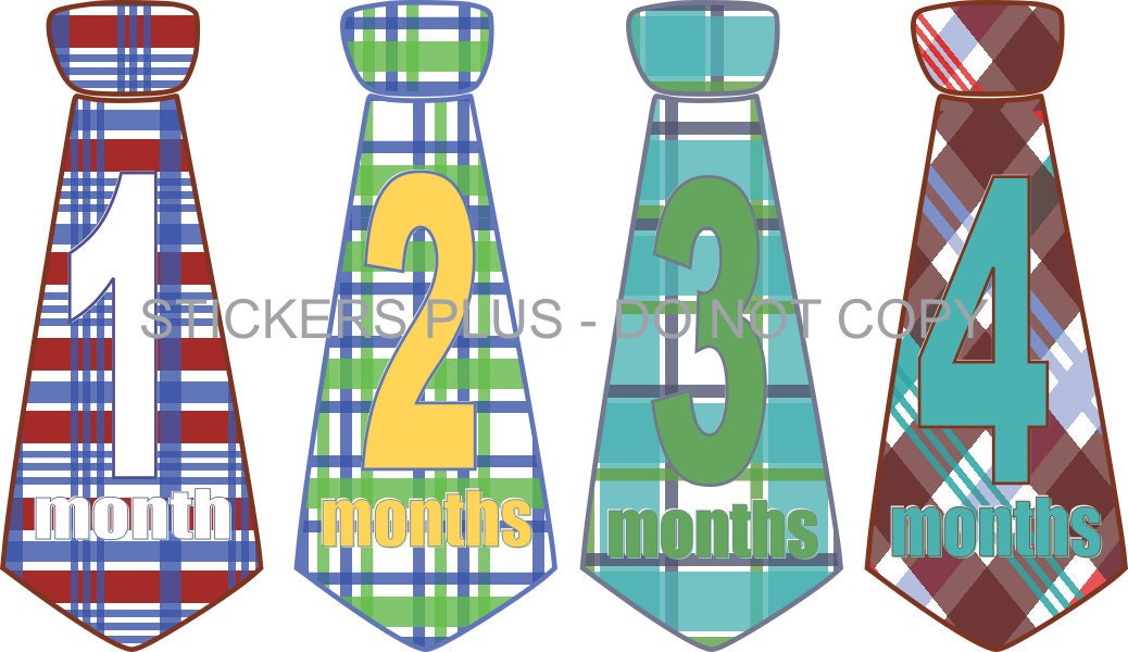Monthly Onesie Stickers Baby Boy Necktie Neck Tie Bright Madras Plaid Checks UNCUT- 1-12 Months Plus Just Born - Gift