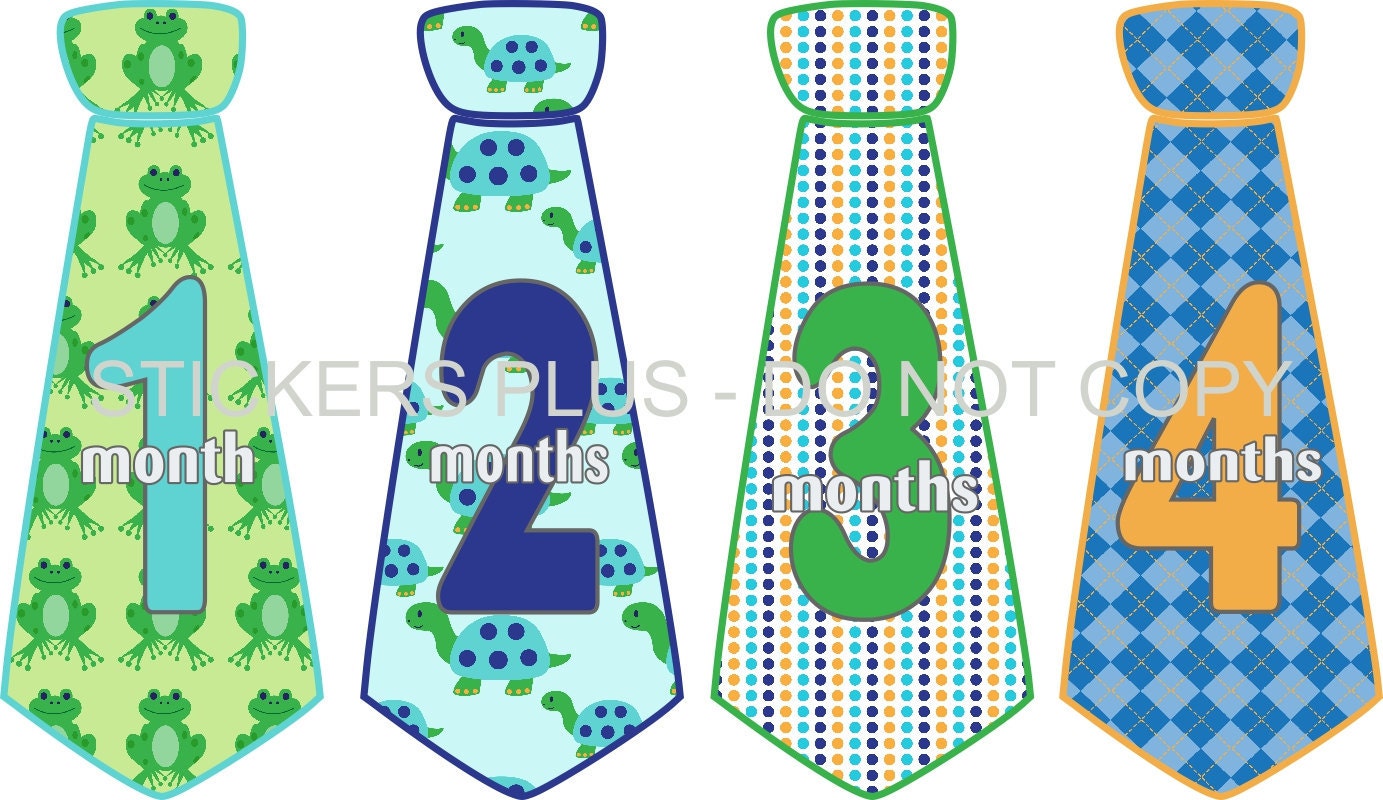 Baby Boy Monthly Onesie Stickers Necktie Neck Tie Frog Turtle Dots Argyle Green Blue Orange - UNCUT 1 - 12 Months Plus Just Born - Gift