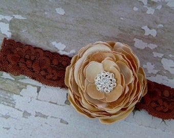 Beautiful Tan Flower on Sretchy Brown Lace Headband - Perfect Photography Prop