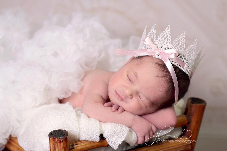 Sweet Pearl White Vintage Lace Baby Crown with Pink Ribbon - Perfect Photography Prop