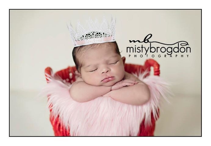 Sweet Pearl White Vintage Lace Baby Crown with Pink Ribbon - Perfect Photography Prop