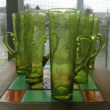 BLENKO Handblown Crackle Glass Chimney HI-BALLS with Handles - 3627 H - Set of 5 - VintageVoola
