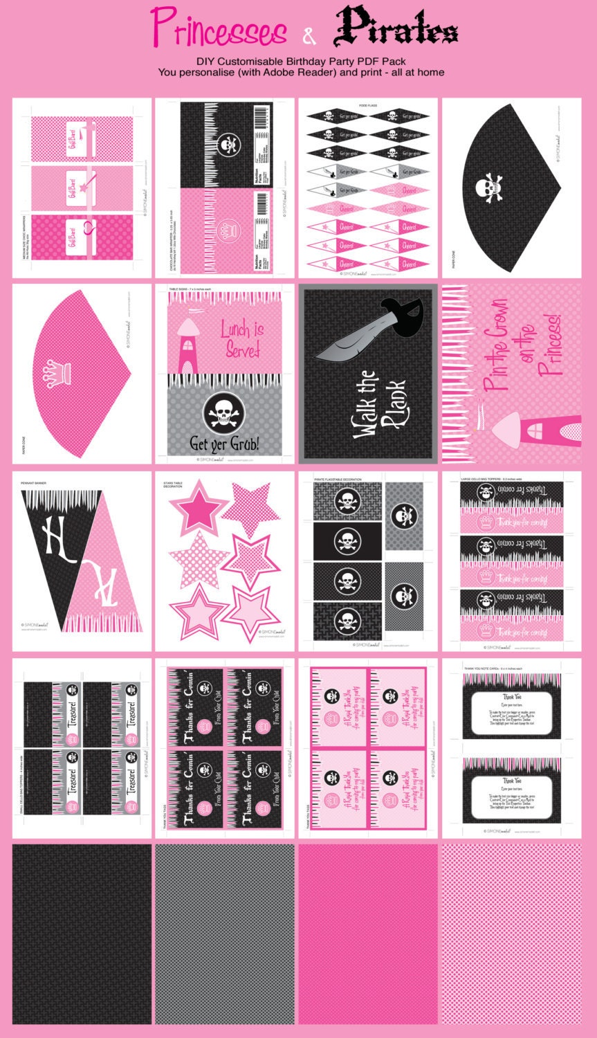 Pirates and Princess Birthday Party Invitation & Printable Party Collection, EDITABLE PDF file - you personalize at home with Adobe Reader