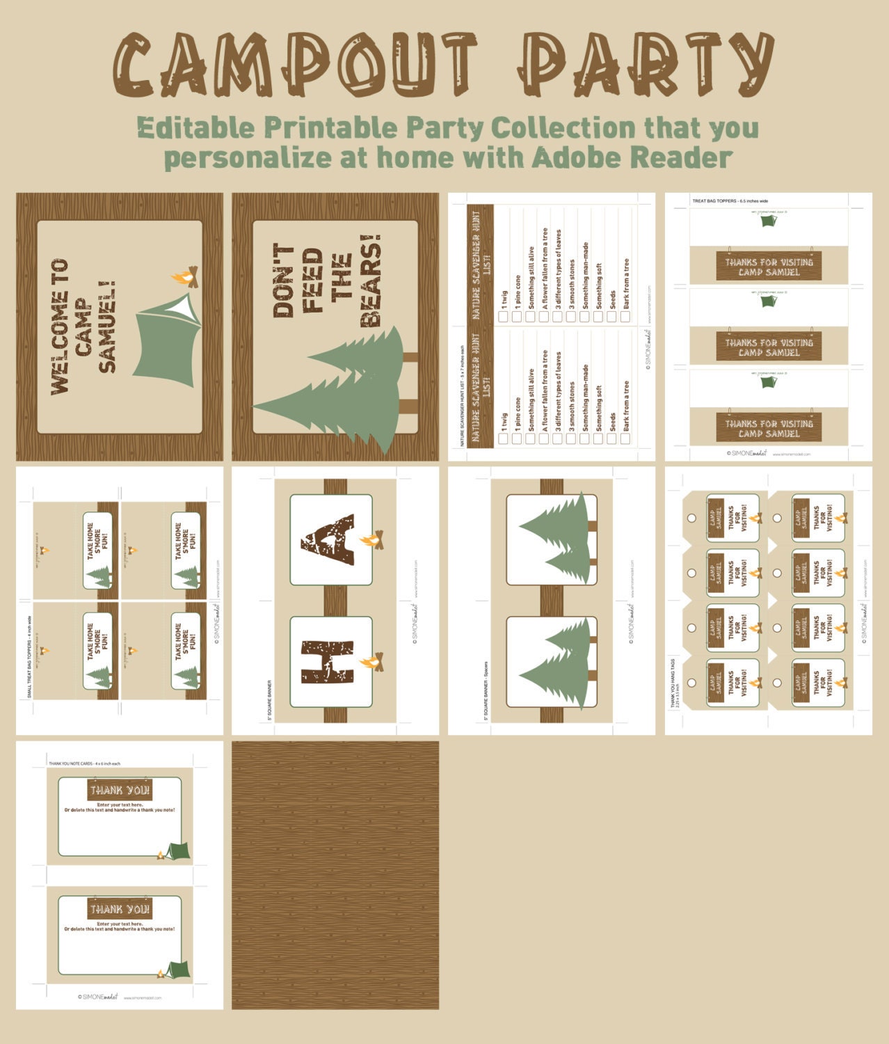 Camp Birthday Invitation & Printable Party Collection, EDITABLE text PDF file - you personalize at home with Adobe Reader