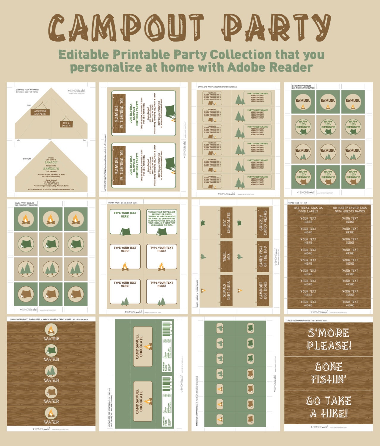 Camp Birthday Invitation & Printable Party Collection, EDITABLE text PDF file - you personalize at home with Adobe Reader