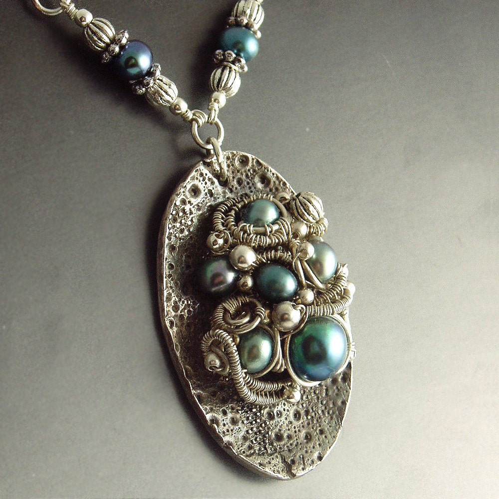 Turquoise Aqua Blue Freshwater Pearls and Fine Sterling  Silver Barnacle Cluster Necklace