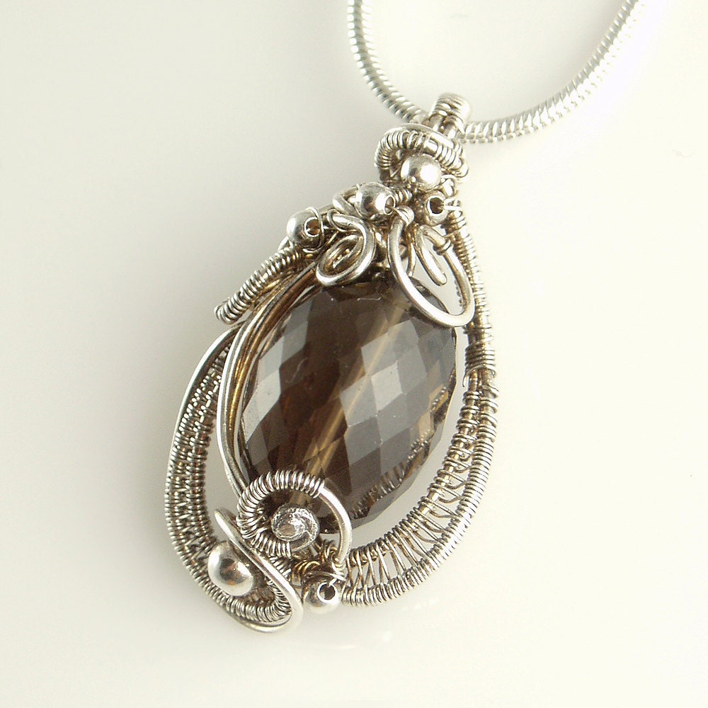 Smokey Quartz and Sterling Silver Wire Sculpted Necklace