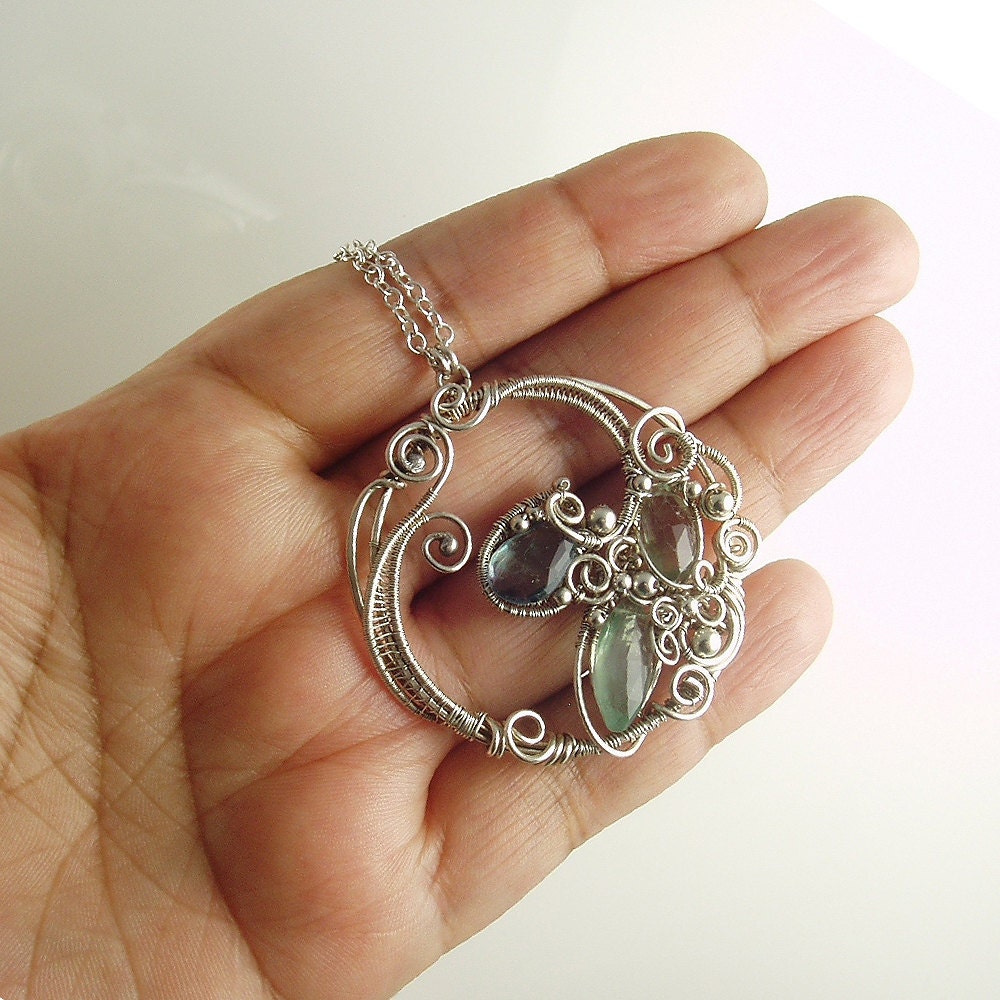 Rainbow Fluorite and Silver Sculpted Necklace Gemstone Circle