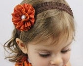 Orange Flower Headband - Earthy Orange Flower with Brown Elastic Headband - Burnt Orange Hair Clip