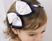 Navy and White Hair Bow Headband - White and Navy Blue Fancy Headband - Navy White Wedding Headband