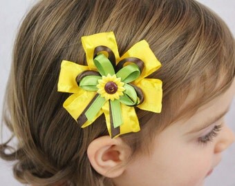 Sunflower Hair Bow - Yellow Hair Bow with Sunflower Green Brown - Sunflower Photo Prop
